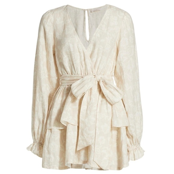 NWT RAMY BROOK Neutral Floral Linen Puff Long Sleeve Tiered Ruffle Mini Dress L - Picture 9 of 11